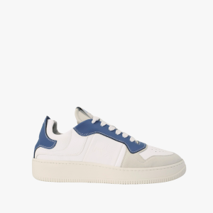Sneakers sostenibili bianche e blu uomo con suola alta bianca, logo RE inciso e dettagli in pelle riciclata – scarpe eco-friendly Made in Italy per look casual contemporanei.